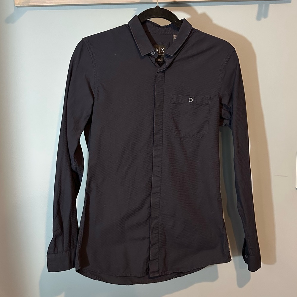Armani Exchange Slim Textured Button Up Collared Shirt Chest Pocket in Dark Blue